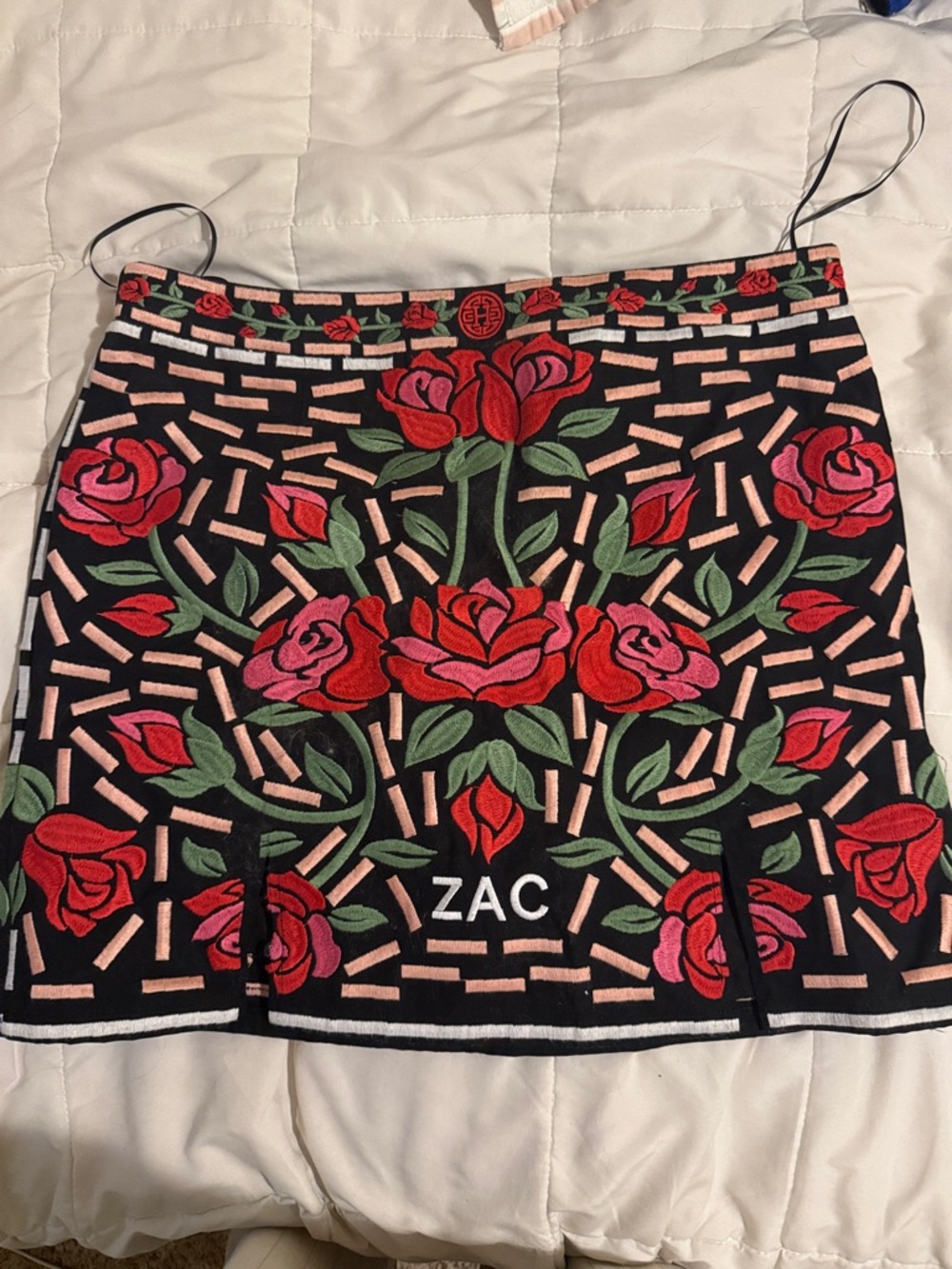 Black Floral Embroidered Mini Skirt - Red & Pink Roses